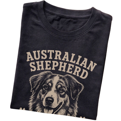 Black T-shirt featuring Smart, Stubborn & A Little Extra - Australian Shepherd, folded presentation