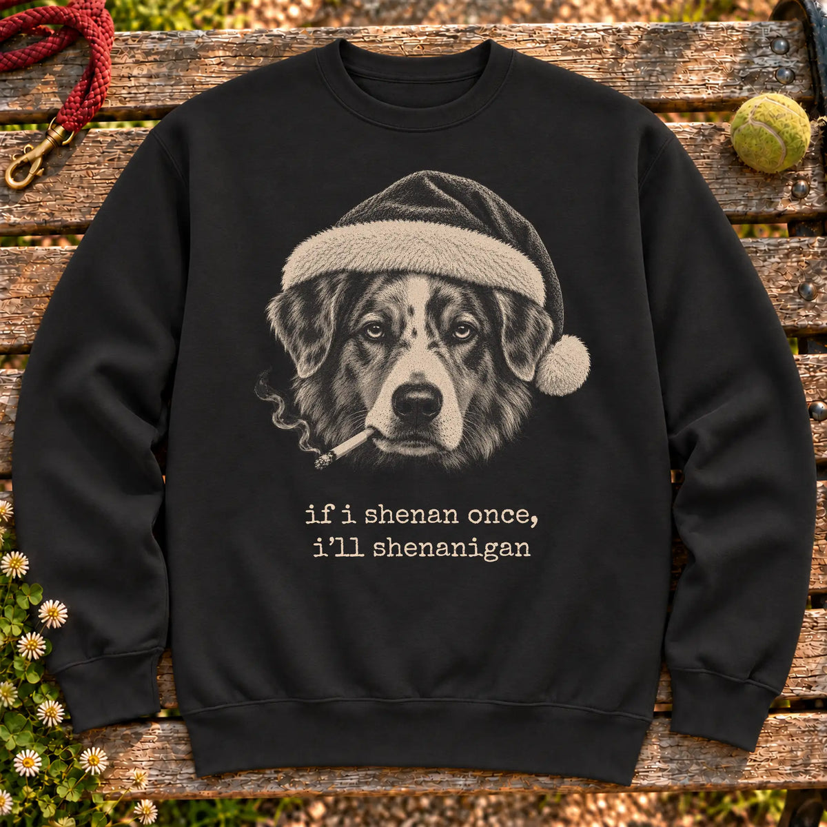 Australian Shepherd wearing a Santa hat and smoking on a Black sweatshirt