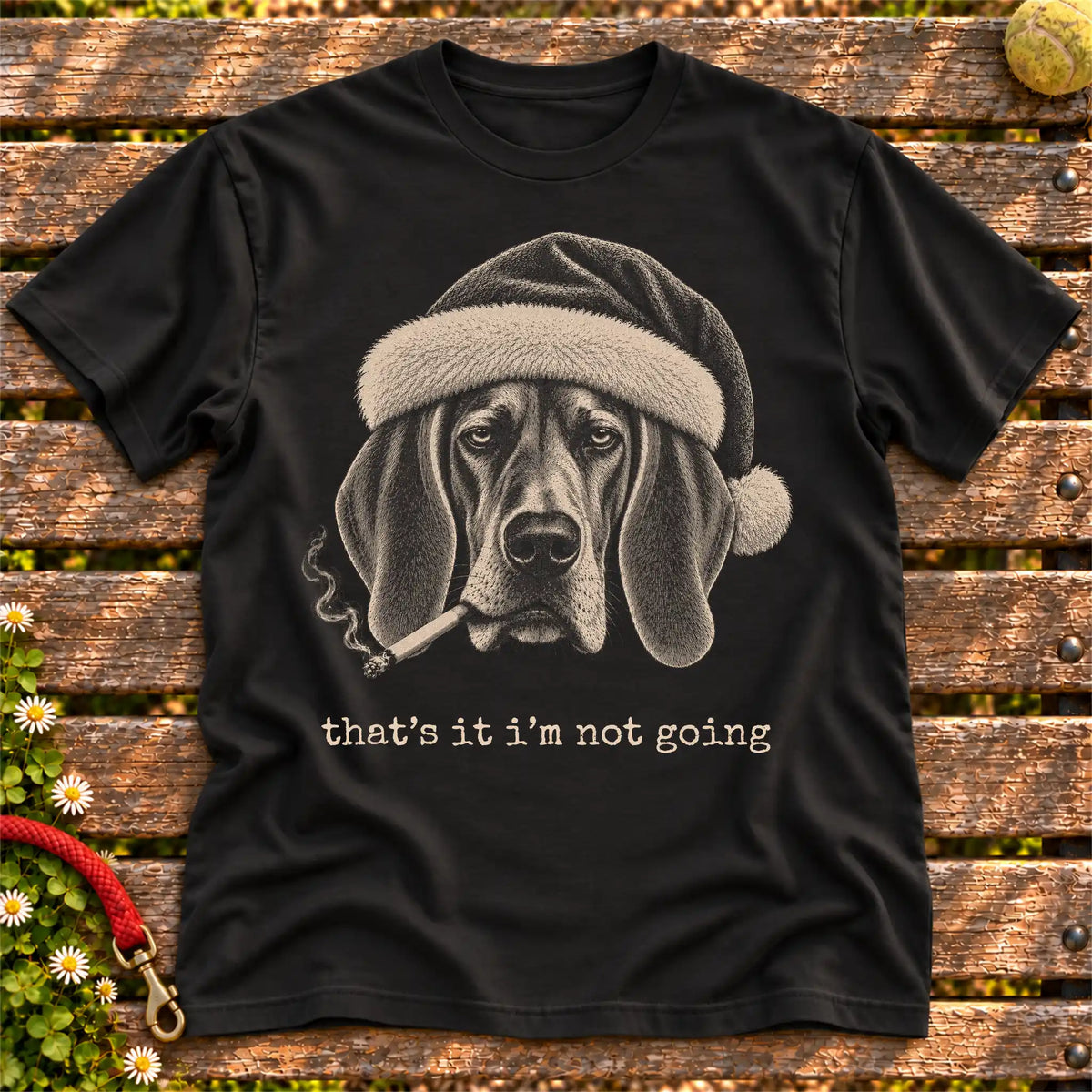 Basset Hound wearing a Santa hat and smoking on a Black T-shirt
