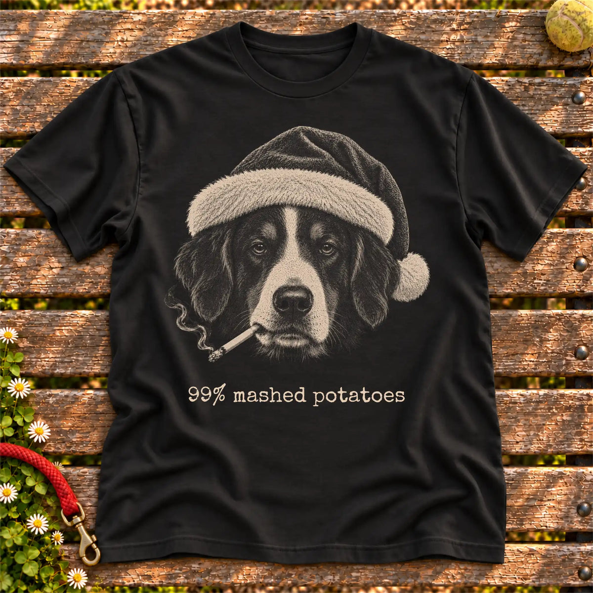 Bernese Mountain Dog wearing a Santa hat and smoking on a Black T-shirt