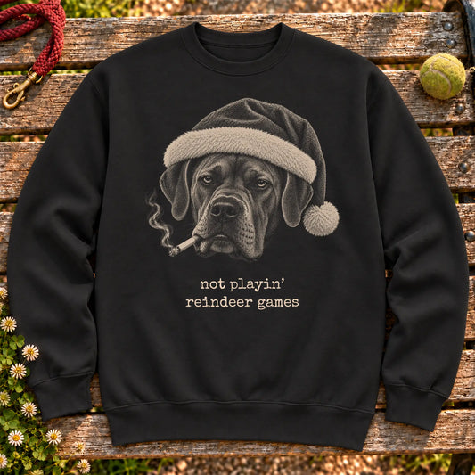 Cane Corso wearing a Santa hat and smoking on a Black sweatshirt