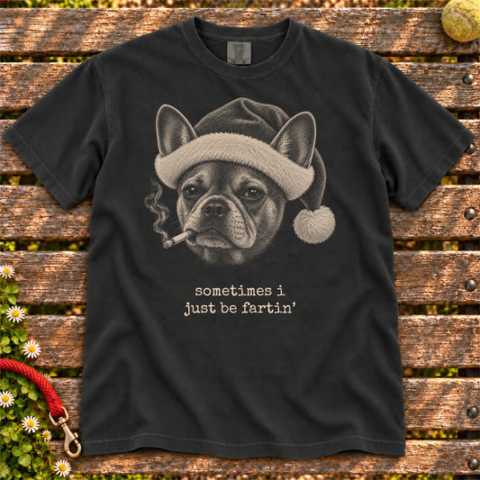 French Bulldog wearing a Santa hat and smoking on a Black T-shirt