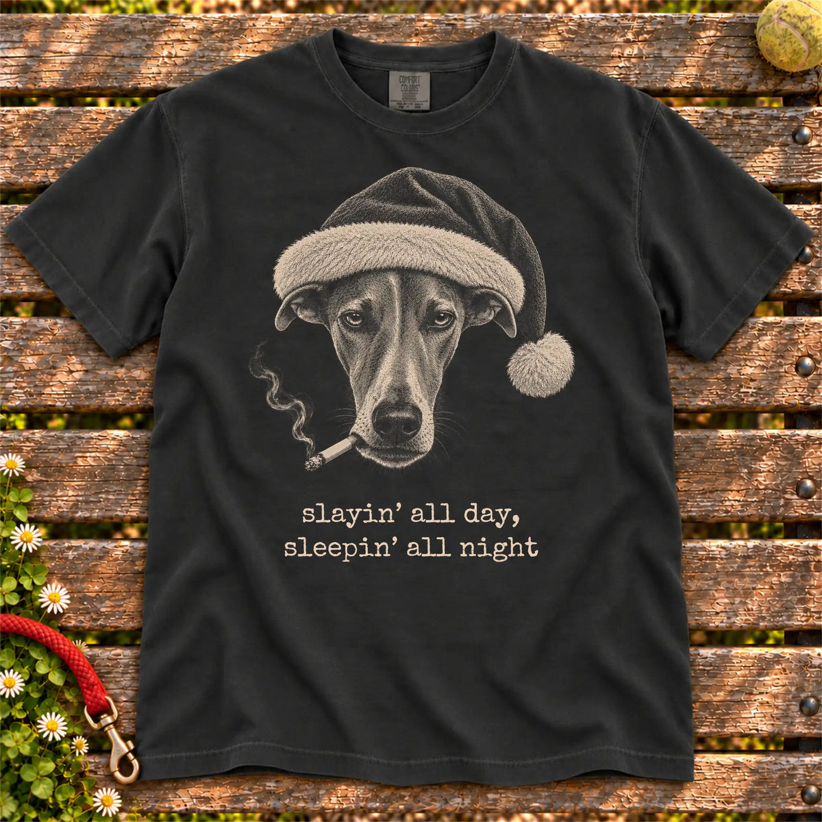 Greyhound wearing a Santa hat and smoking on a Black T-shirt