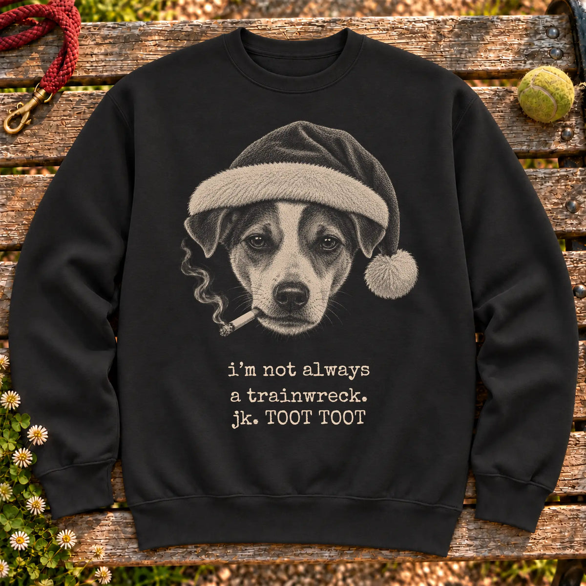 Jack Russell wearing a Santa hat and smoking on a Black sweatshirt