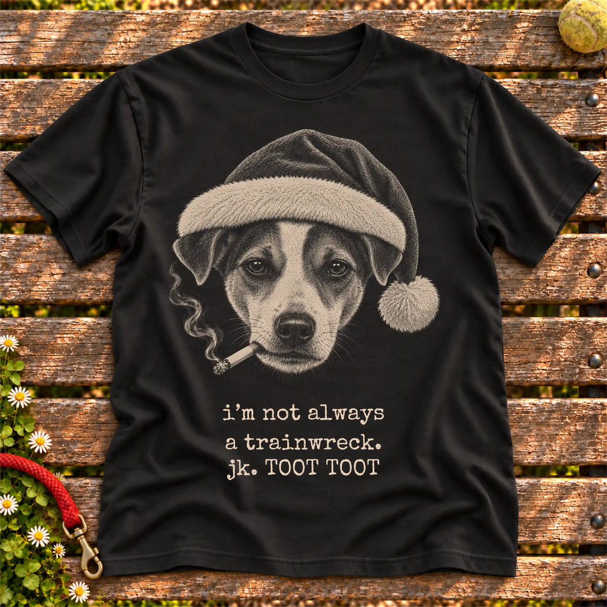 Jack Russell wearing a Santa hat and smoking on a Black T-shirt
