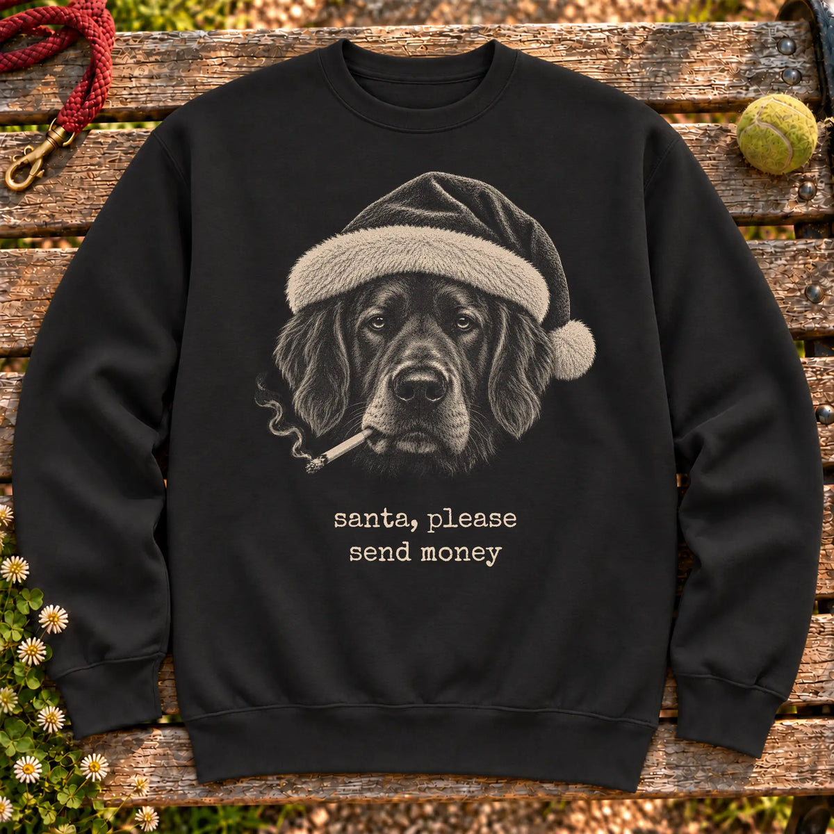 Newfie wearing a Santa hat and smoking on a Black sweatshirt