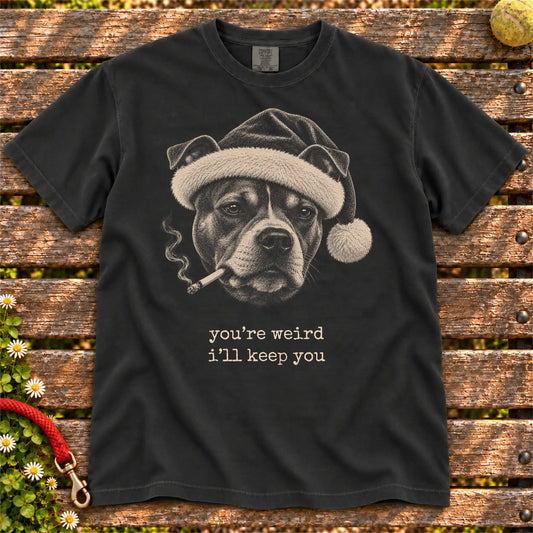 Pitbull wearing a Santa hat and smoking on a Black T-shirt