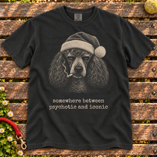 Poodle wearing a Santa hat and smoking on a Black T-shirt