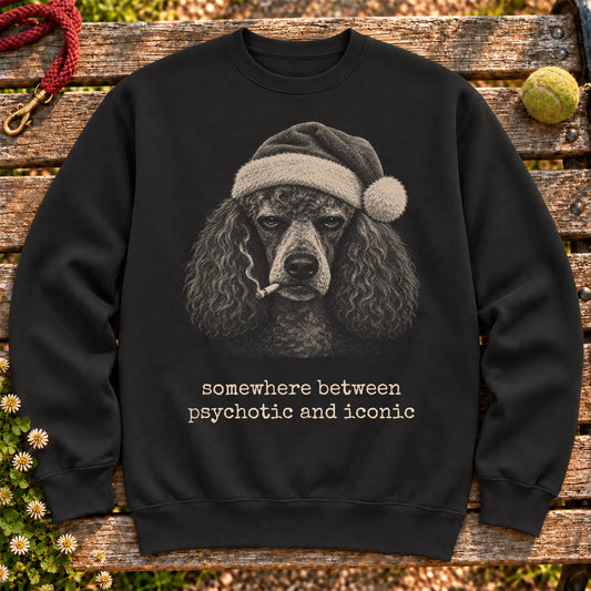 Poodle wearing a Santa hat and smoking on a Black sweatshirt