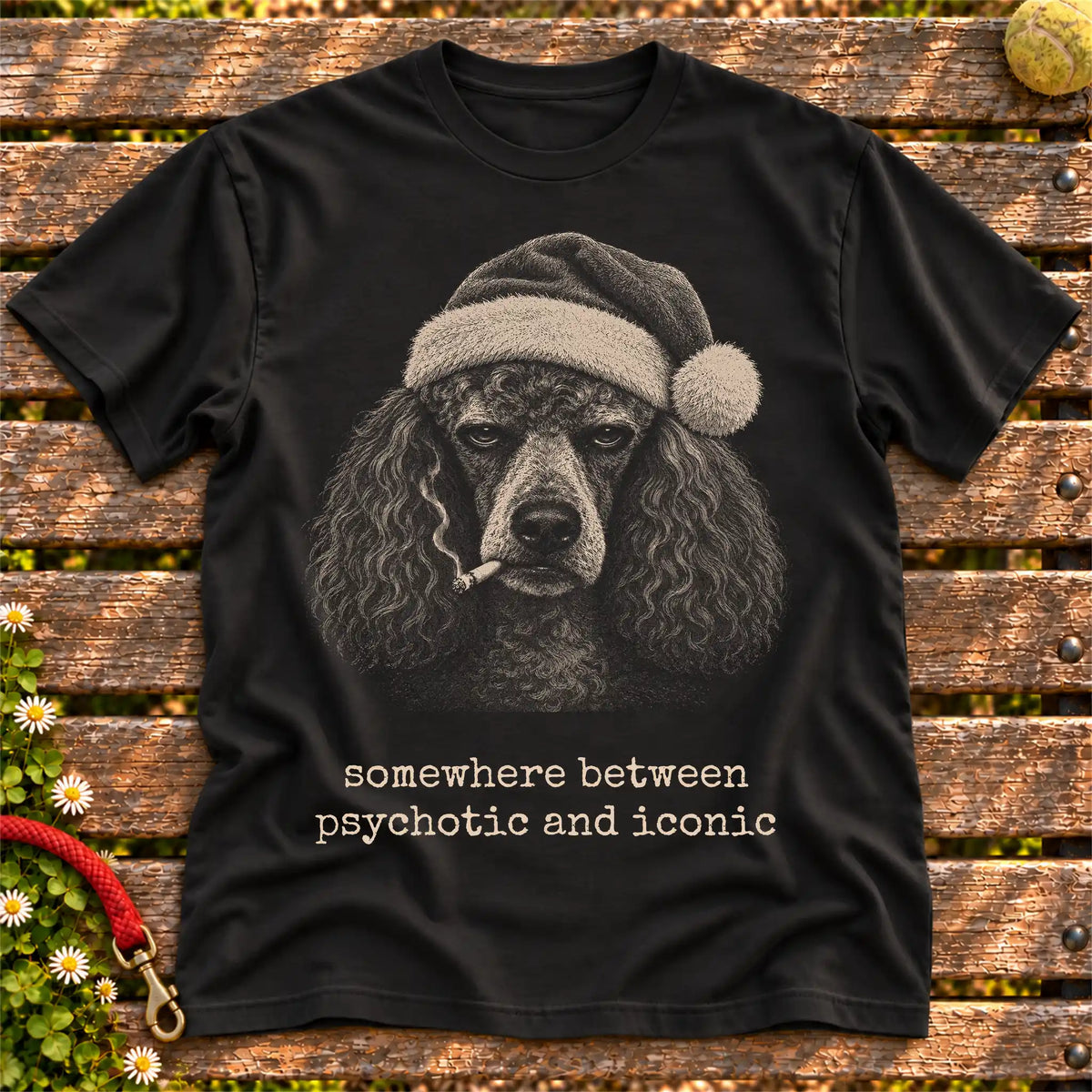 Poodle wearing a Santa hat and smoking on a Black T-shirt