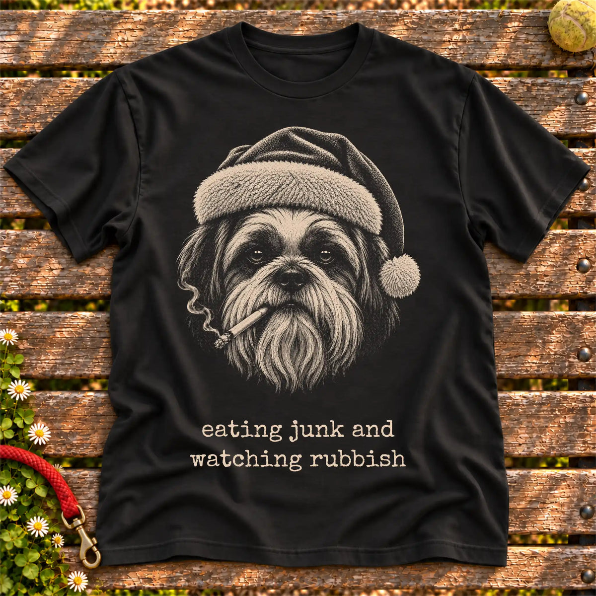 Shih Tzu wearing a Santa hat and smoking on a Black T-shirt