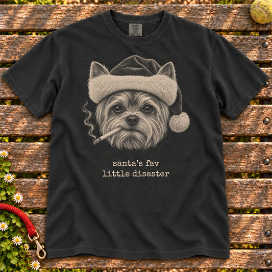 Yorkie wearing a Santa hat and smoking on a Black T-shirt