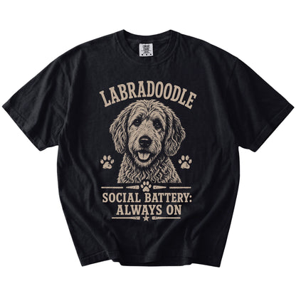 Labradoodle design with “Social Battery” lettering on a Black Comfort Colors® T-shirt