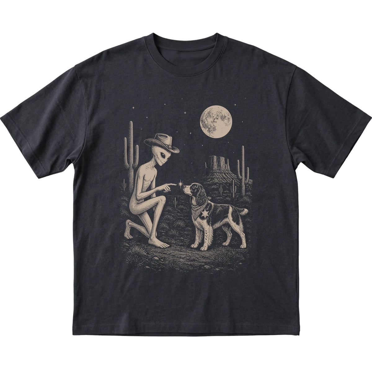 Black T-shirt featuring Springer Spaniel Cowboy and Alien, laid-flat presentation