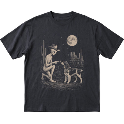 Black T-shirt featuring Springer Spaniel Cowboy and Alien, laid-flat presentation