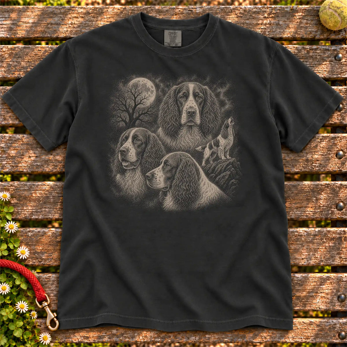Springer Spaniel 90s Moon design on a Black T-shirt shown flat