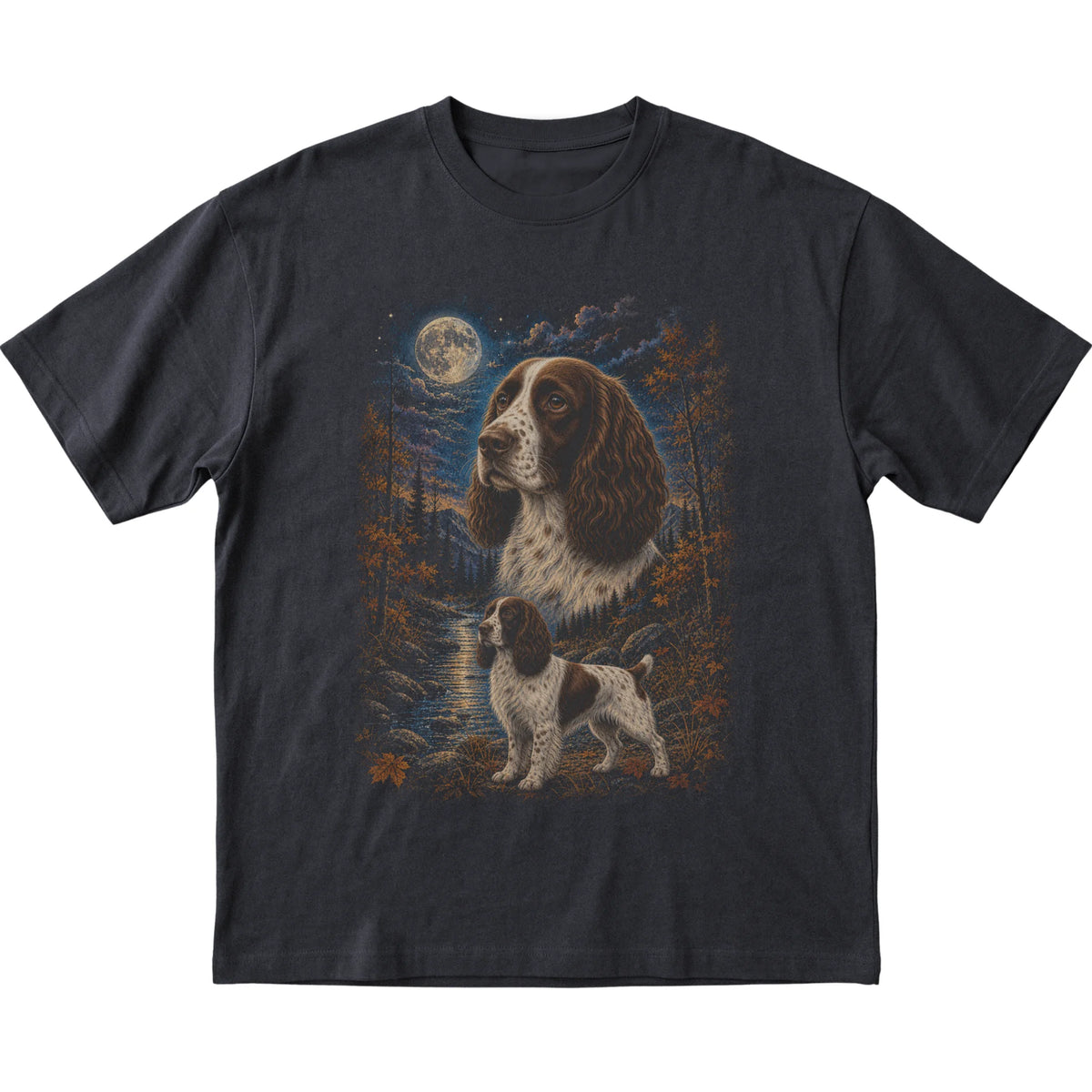 black T-shirt with Springer Spaniel Autumn Moon artwork.