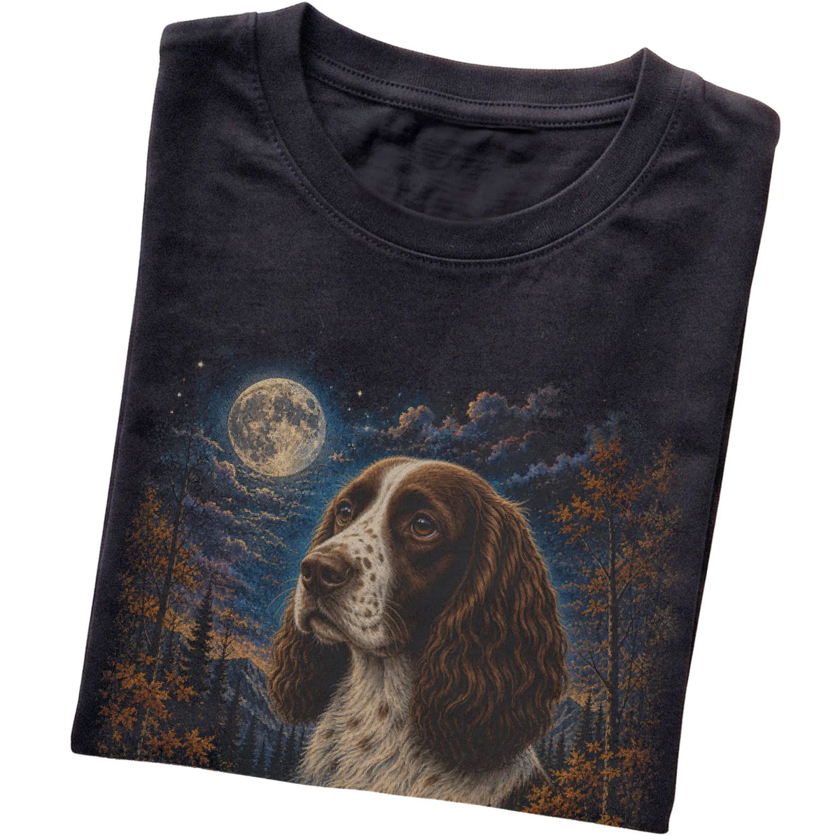 Folded black T-shirt with Springer Spaniel Autumn Moon artwork.