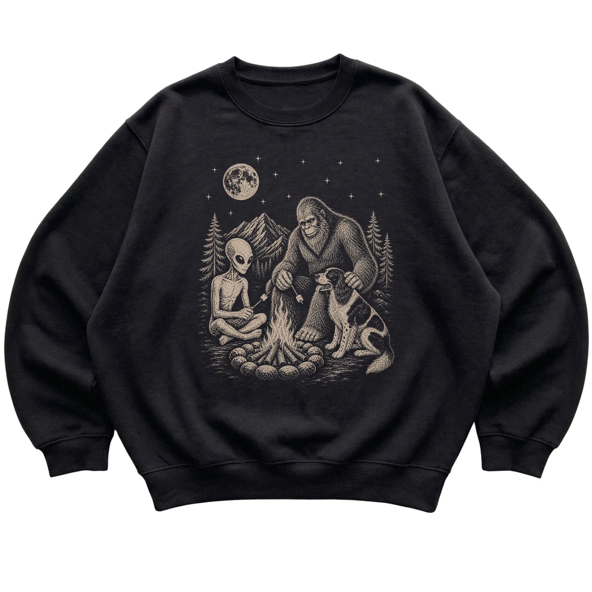 Black Springer Spaniel Camping with Bigfoot and Alien shirt laid flat