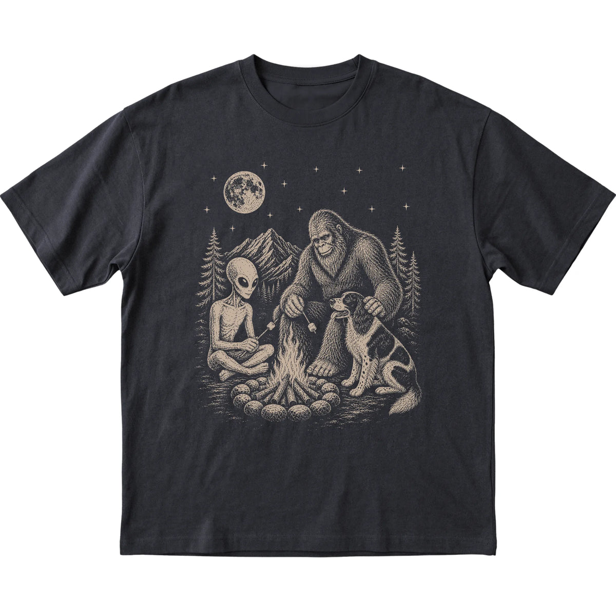 Black Springer Spaniel Camping with Bigfoot and Alien shirt laid flat