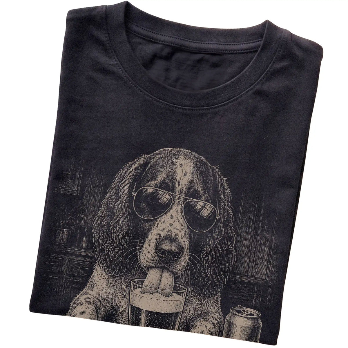 Black Springer Spaniel drinking from a pint at a bar, folded detail view