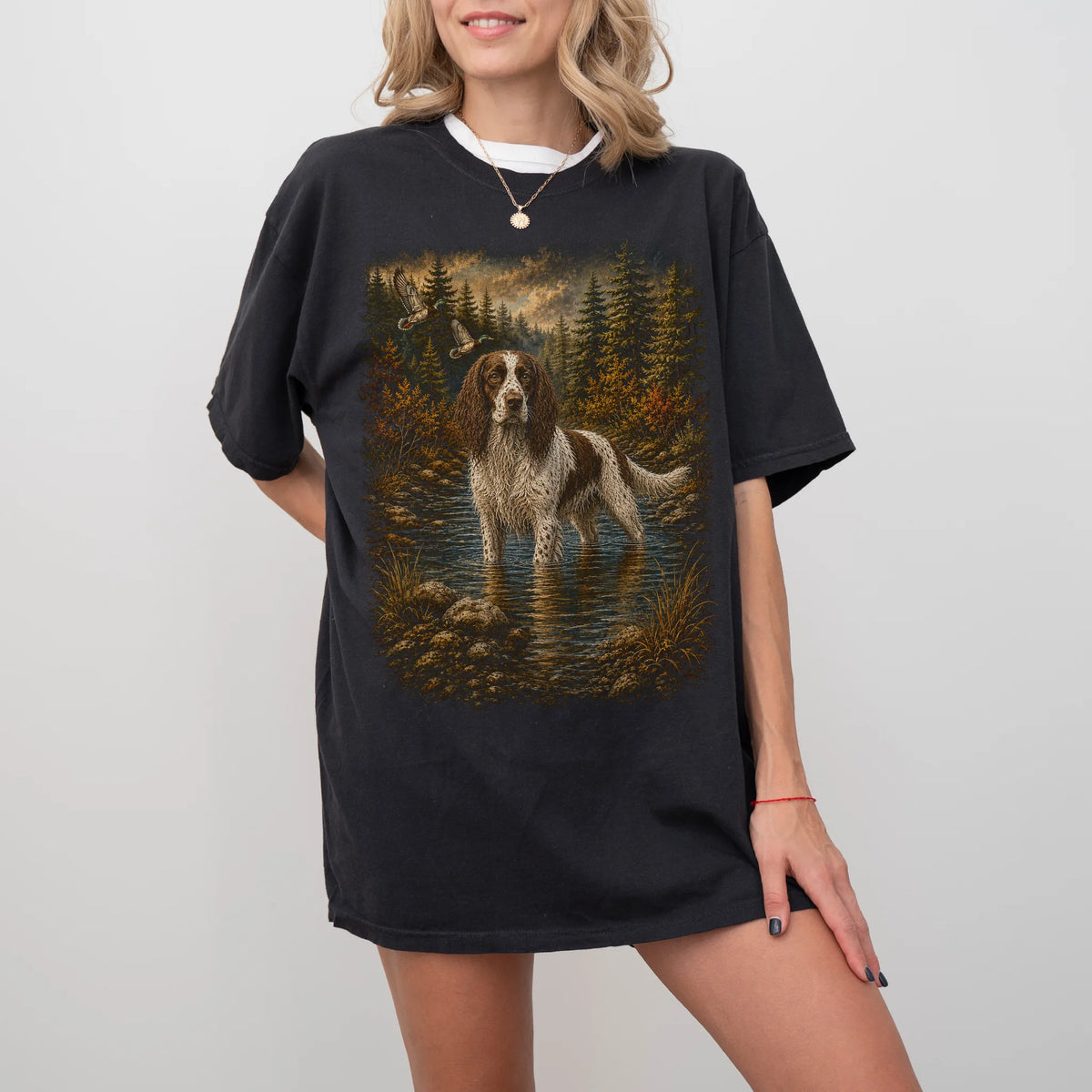 Woman wearing a Black Springer Spaniel Duck Hunting T-Shirt