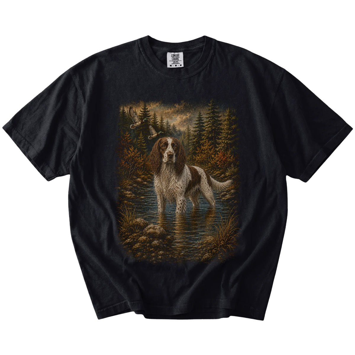 Black Springer Spaniel Duck Hunting T-Shirt laid flat