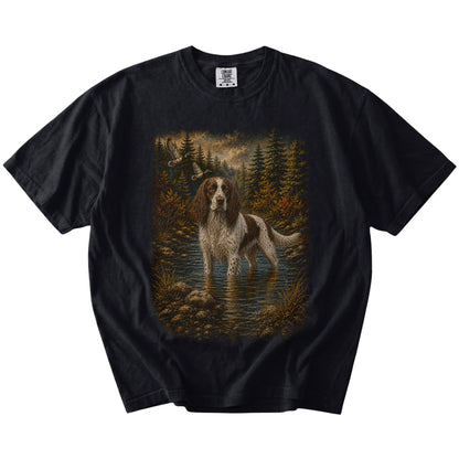 Black Springer Spaniel Duck Hunting T-Shirt laid flat