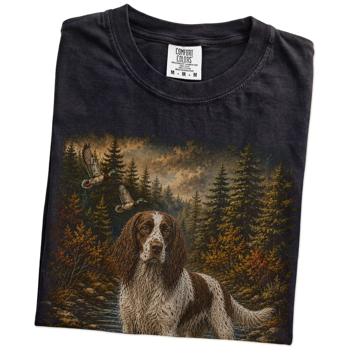 Folded Black Springer Spaniel Duck Hunting T-Shirt showing the graphic
