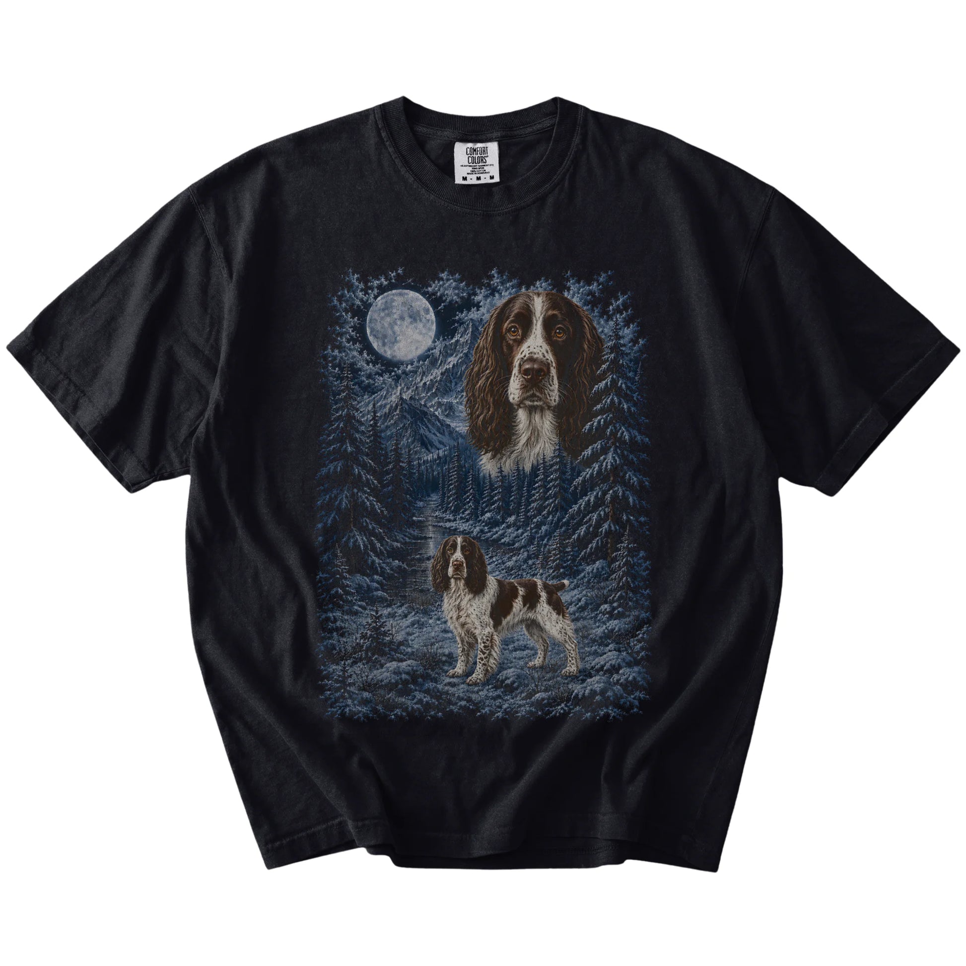 Springer Spaniel in a snowy winter forest on a Black t-shirt