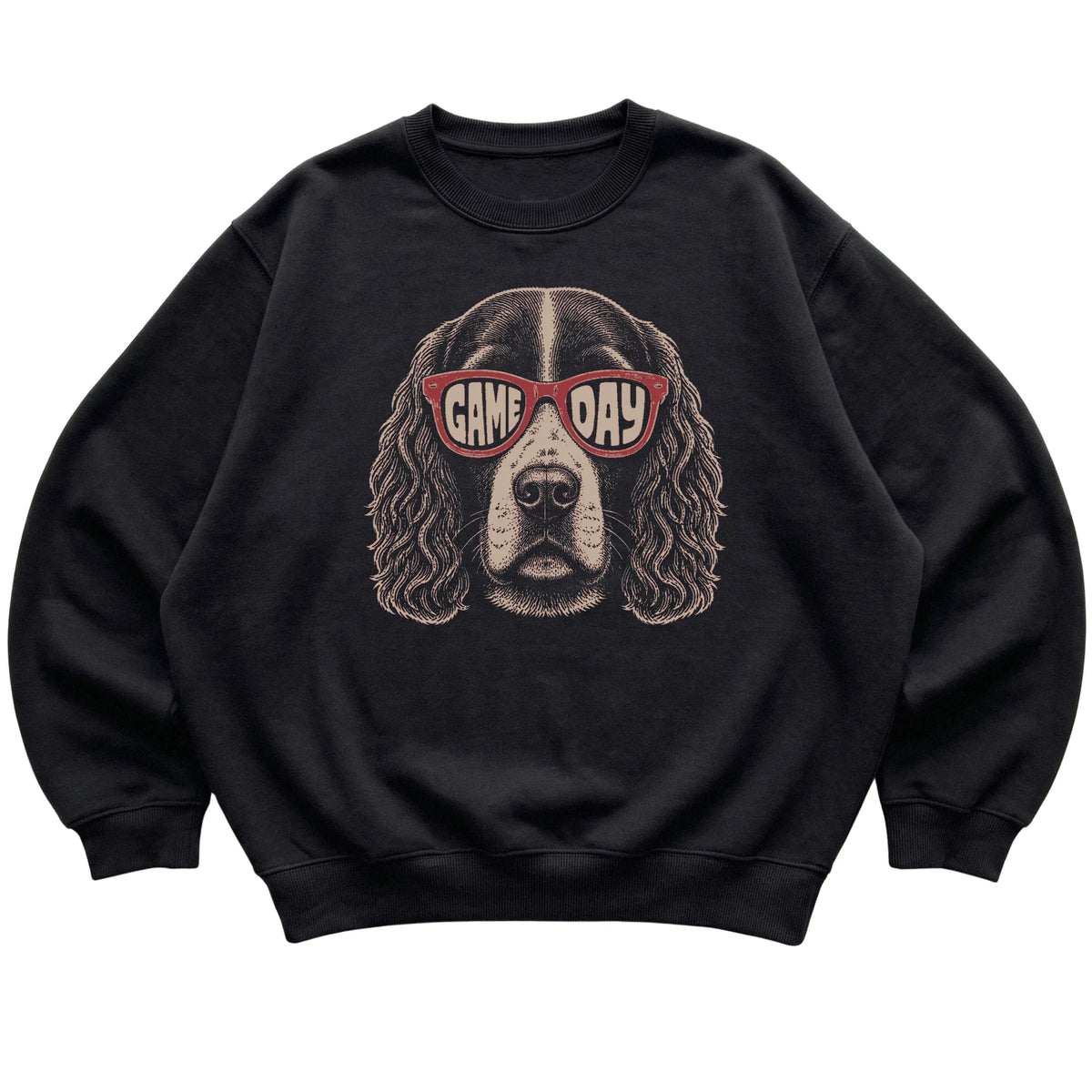 Springer Spaniel Game Day design on a Black sweatshirt, flat lay