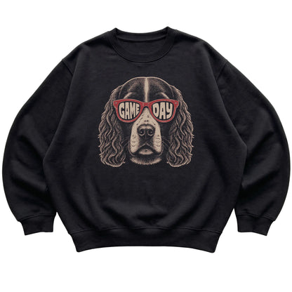 Springer Spaniel Game Day design on a Black sweatshirt, flat lay