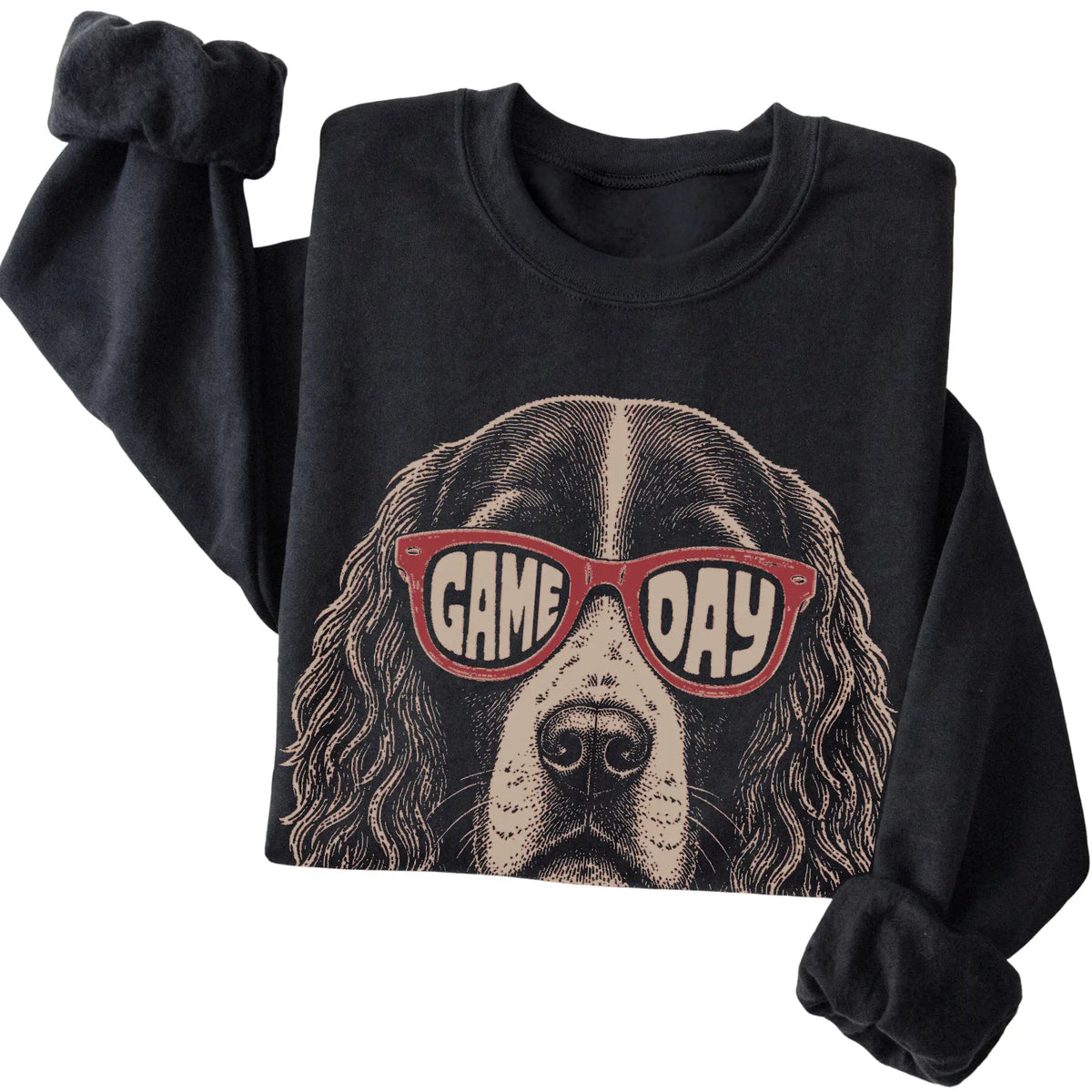 Springer Spaniel Game Day design on a Black sweatshirt, folded view