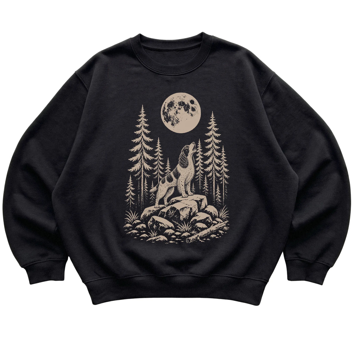 Close view of Springer Spaniel Howling at the Moon artwork on Black crewneck sweatshirt