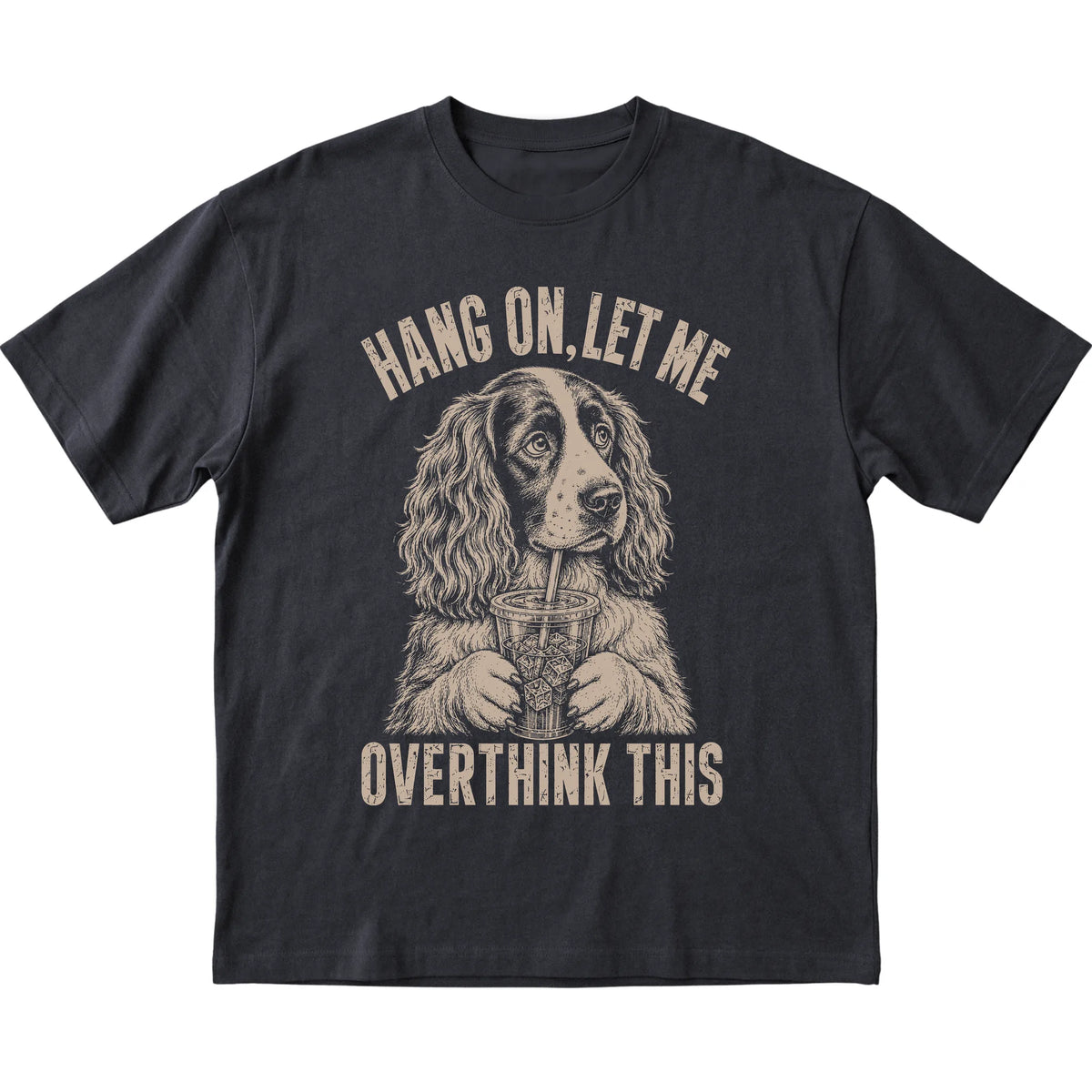 Black T-shirt featuring Overthinking Springer Spaniel, laid-flat presentation