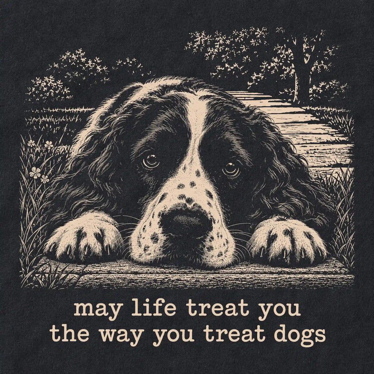Springer Spaniel Karma Softstyle T-shirt in Black — Design Detail