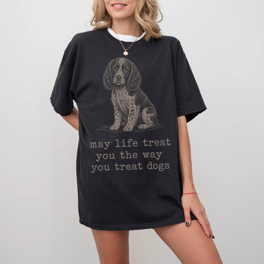 Woman wearing a Black Springer Spaniel Karma T-Shirt