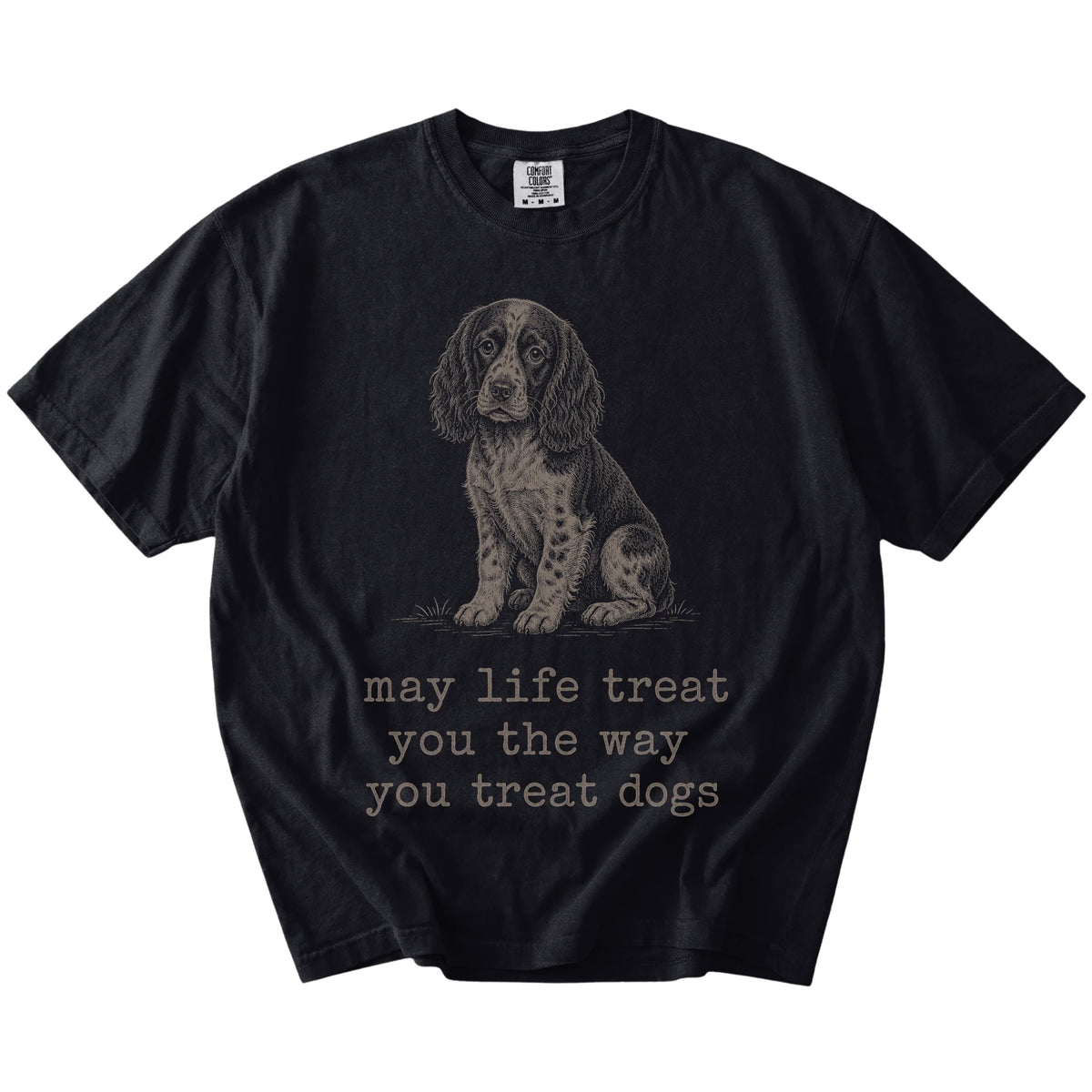 Black Springer Spaniel Karma T-Shirt laid flat