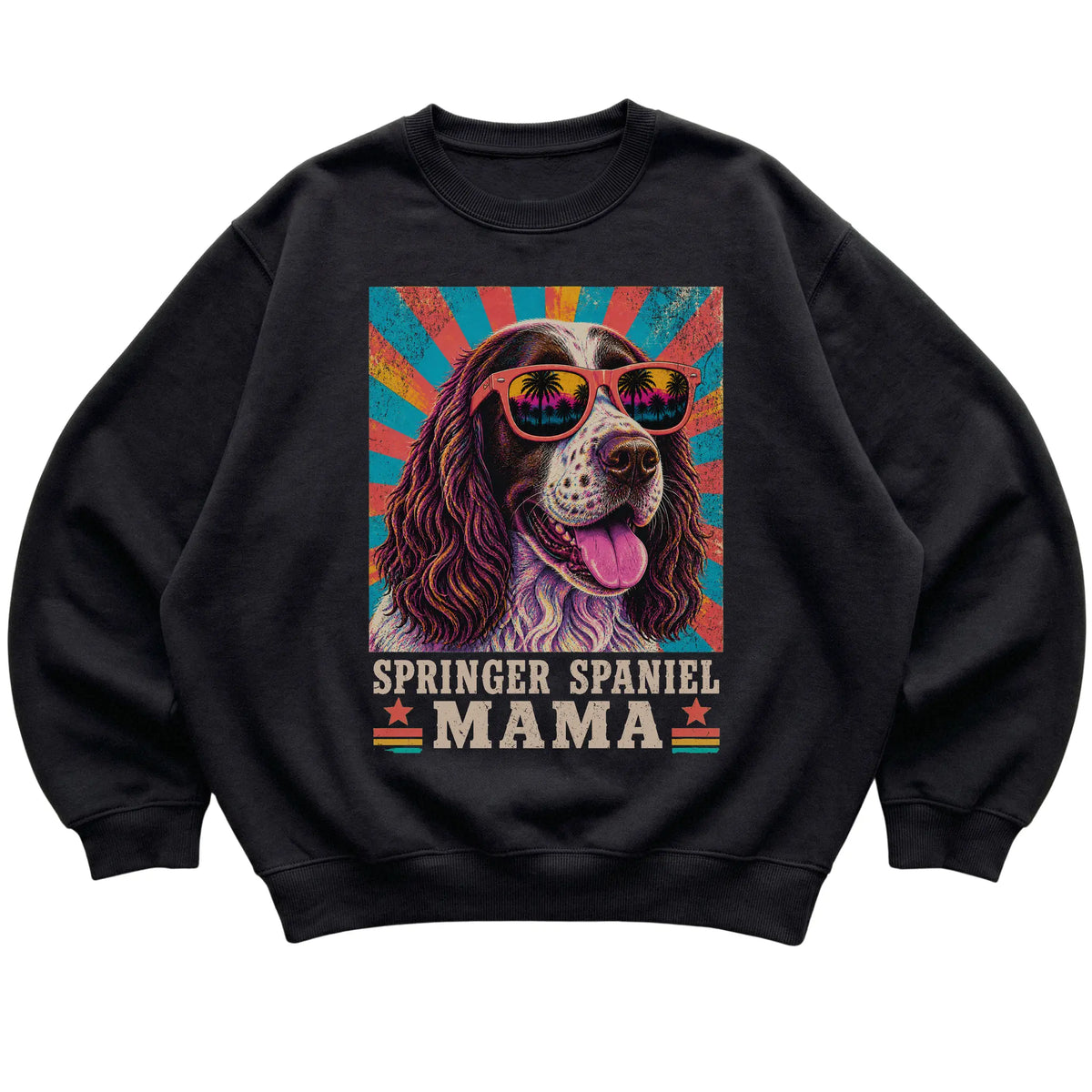 Retro Springer Spaniel Mama design on a Black crewneck sweatshirt