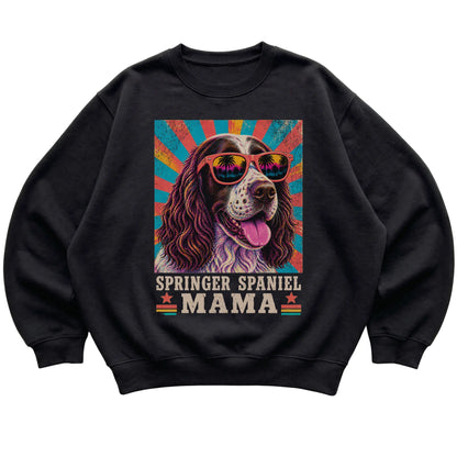 Retro Springer Spaniel Mama design on a Black crewneck sweatshirt