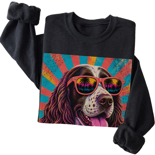 Folded Black crewneck sweatshirt with a Retro Springer Spaniel Mama design