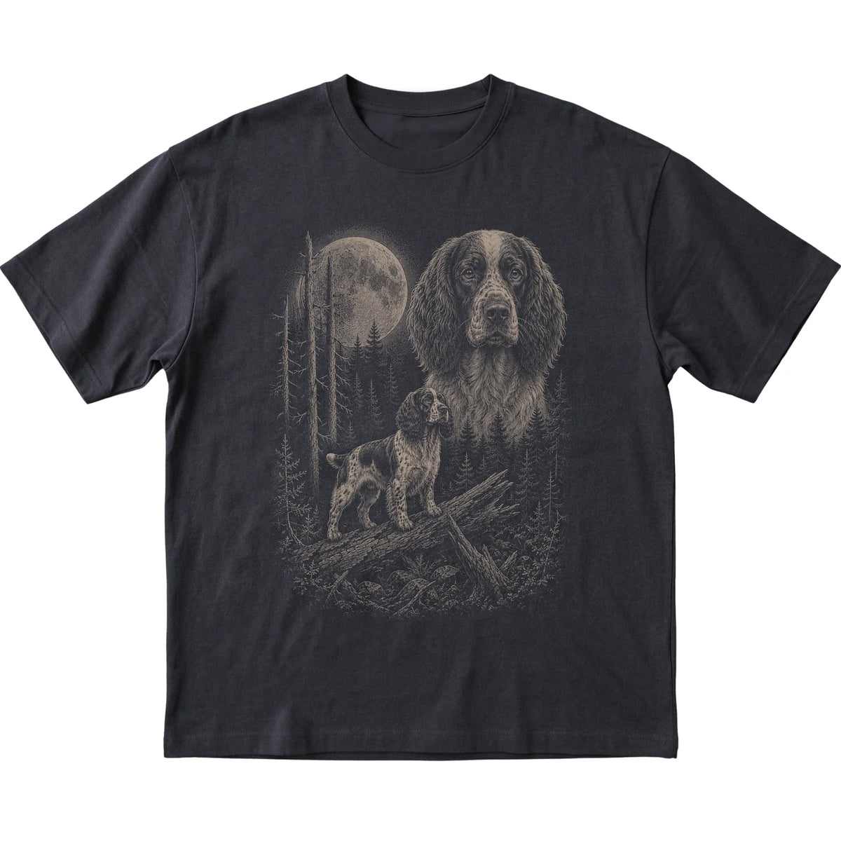 Springer Spaniel Moonlit Forest graphic on a black Softstyle T-shirt laid flat