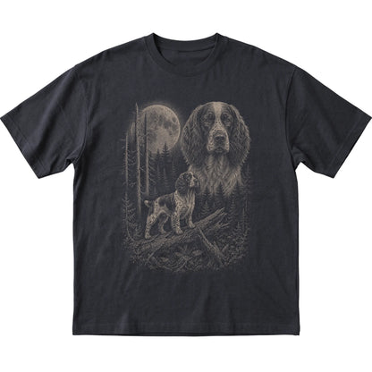 Springer Spaniel Moonlit Forest graphic on a black Softstyle T-shirt laid flat