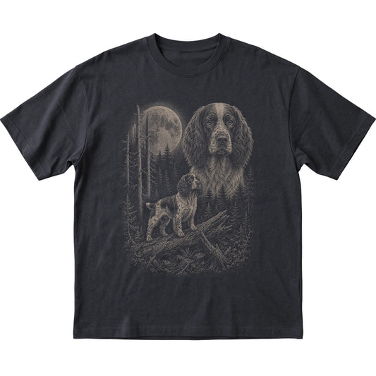 Springer Spaniel Moonlit Forest graphic on a black Softstyle T-shirt laid flat