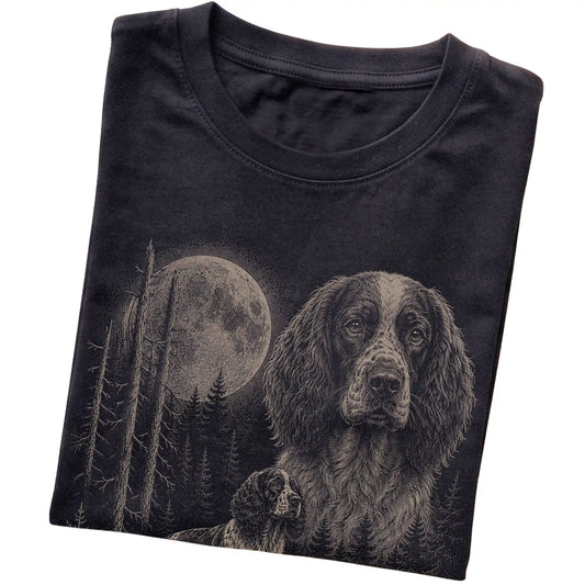 Folded black Softstyle T-shirt showing the Springer Spaniel Moonlit Forest graphic
