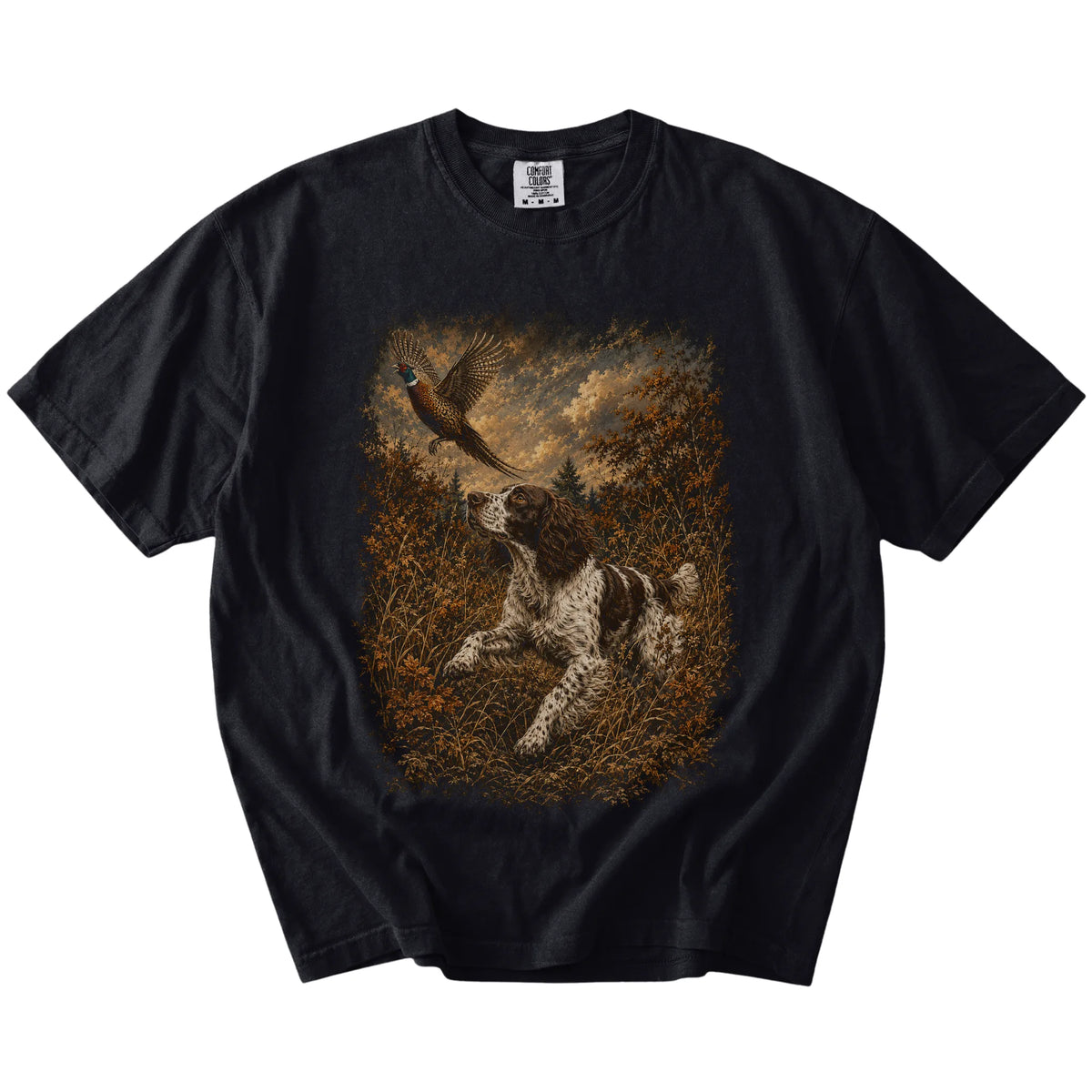 Black Springer Spaniel Pheasant Hunting T-Shirt laid flat
