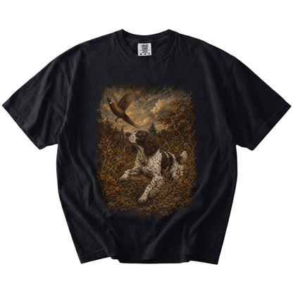 Black Springer Spaniel Pheasant Hunting T-Shirt laid flat