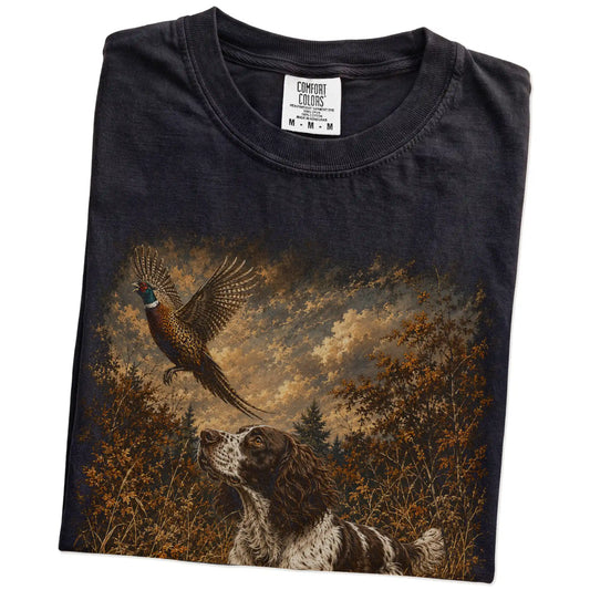 Folded Black Springer Spaniel Pheasant Hunting T-Shirt showing the graphic