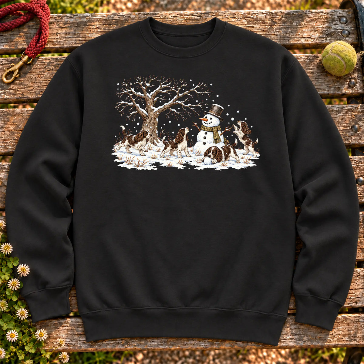 Springer Spaniel puppies playing in snow with a snowman on a Black sweatshirt