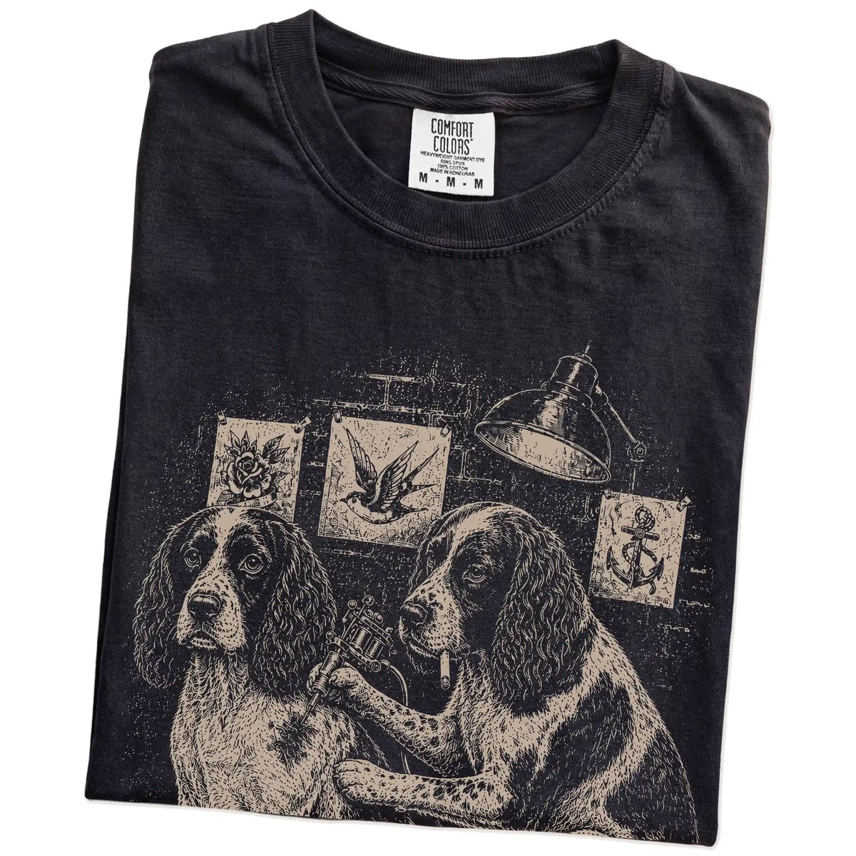 Folded Black Springer Spaniel Tattoo t-shirt showing the graphic
